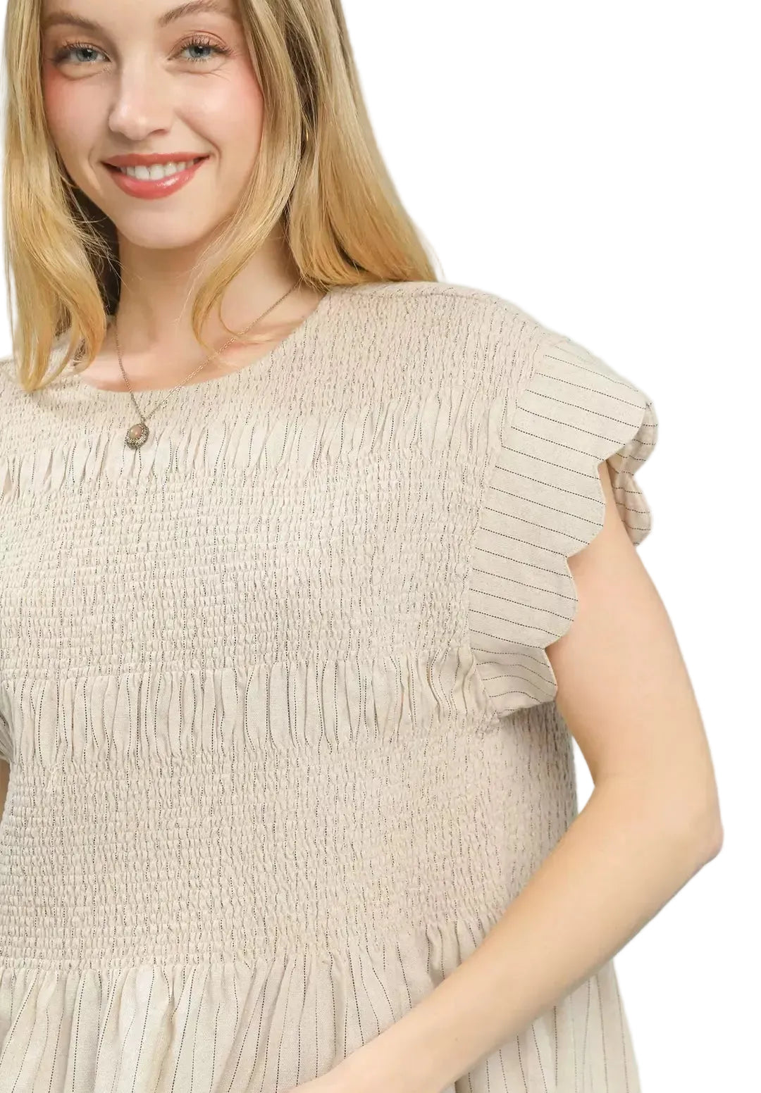 Oatmeal pinstripe smocked peplum top with gathered bust and shoulder ruffles