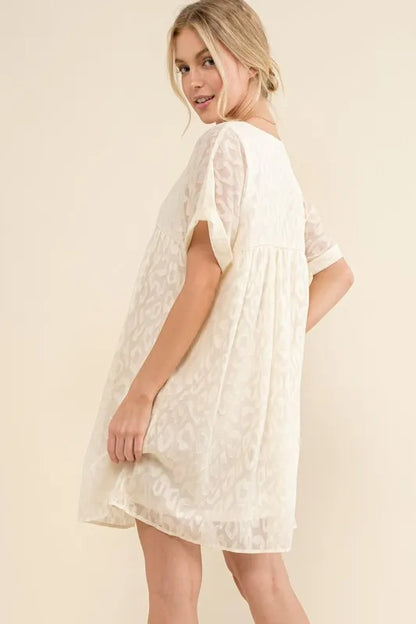 Woven Leopard Baby Doll Roll-Sleeve Casual White Dress - Tigbul's Variety Fashion Shop