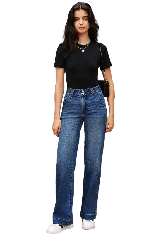 Denim Double Button Straight Leg Blue Jeans Women's - Tigbul's Variety Fashion Shop