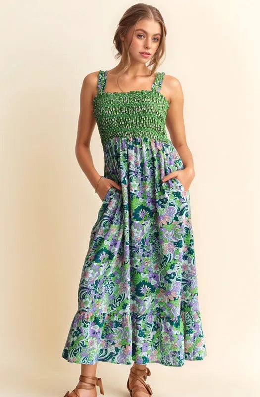 Multi Smocked Bodice Geo Ruffle Strappy Midi Dress - Tigbul's Variety Fashion Shop