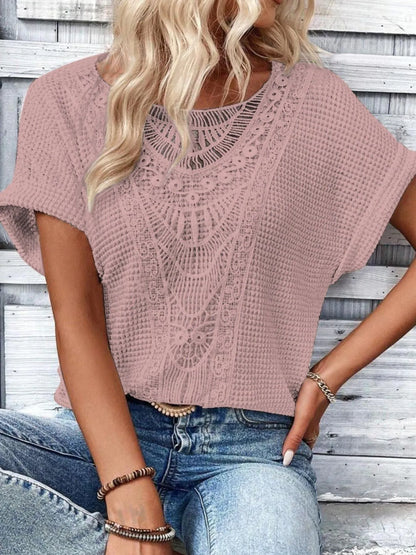 Crochet Lace Short Sleeve Casual T-Shirt - Tigbul's Variety Fashion Shop
