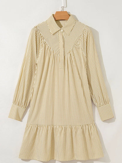 Stripe Collared Neck Cuffed Long Sleeve Drop Waist Mini Dress - Tigbul's Variety Fashion Shop