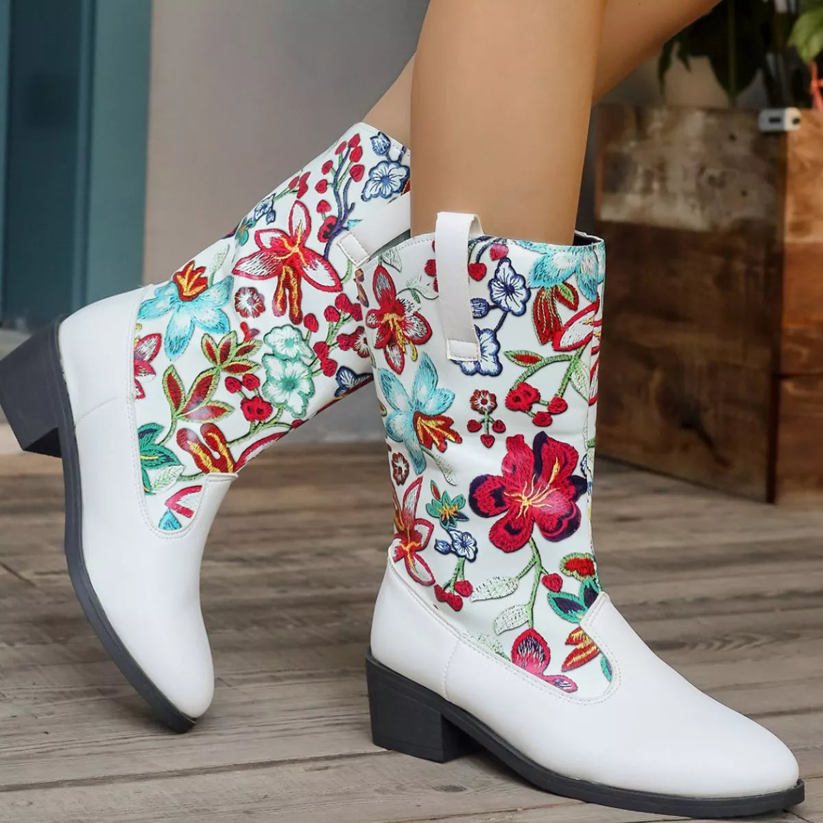 Floral Block Heel Boots - Tigbul's Variety Fashion Shop