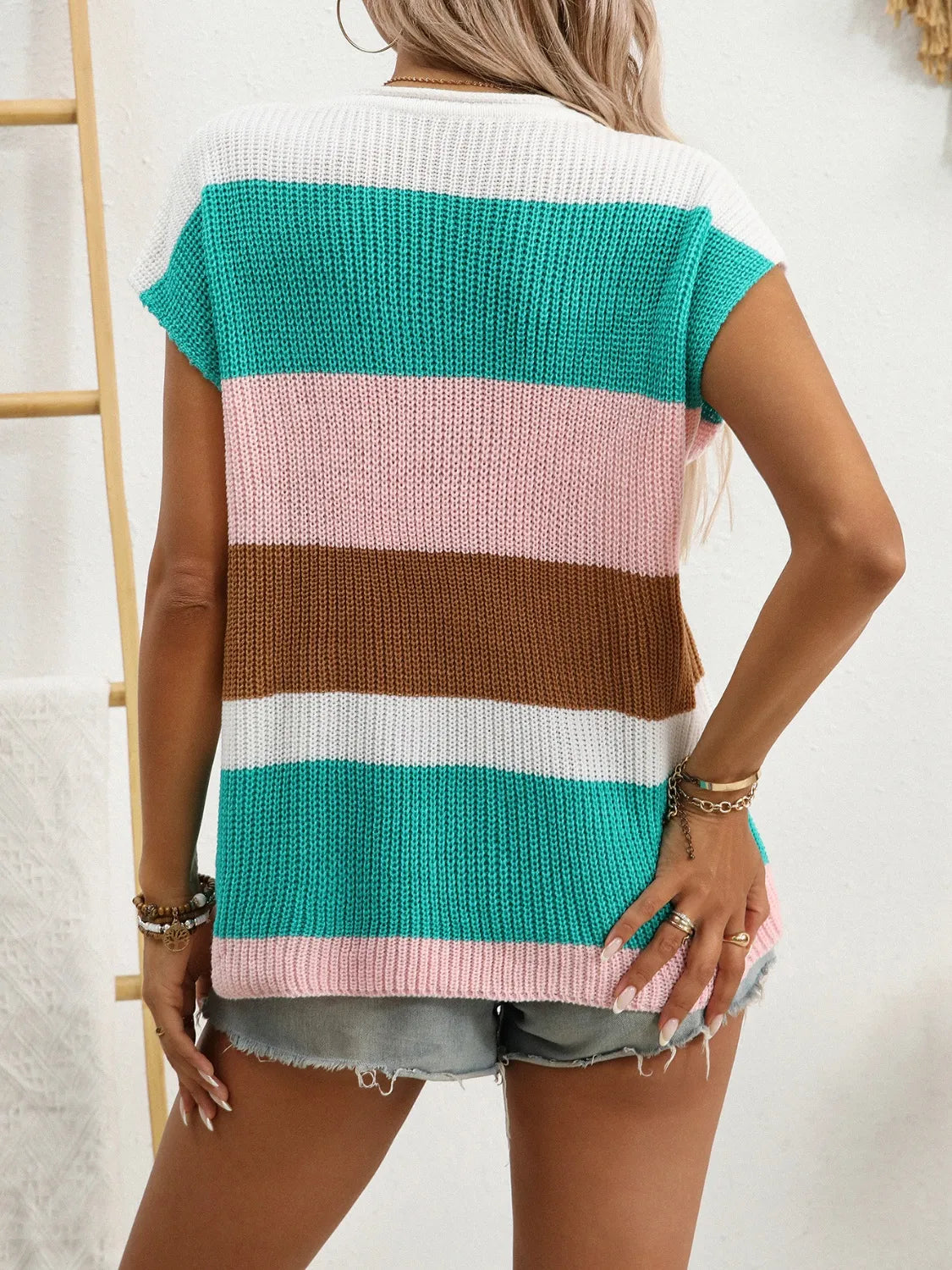 Color Block Notched Short Sleeve Knit Top - Tigbul's Variety Fashion Shop