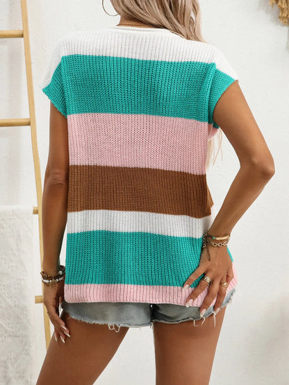 Color Block Notched Short Sleeve Knit Top - Tigbul's Variety Fashion Shop