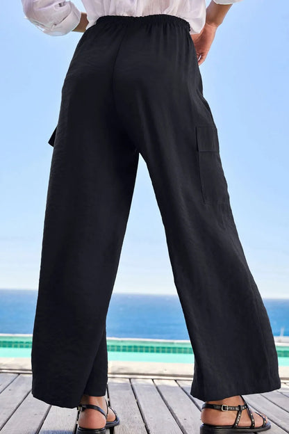 Drawstring Frilled Waist Wide Leg Utility Trousers - Tigbul's Variety Fashion Shop