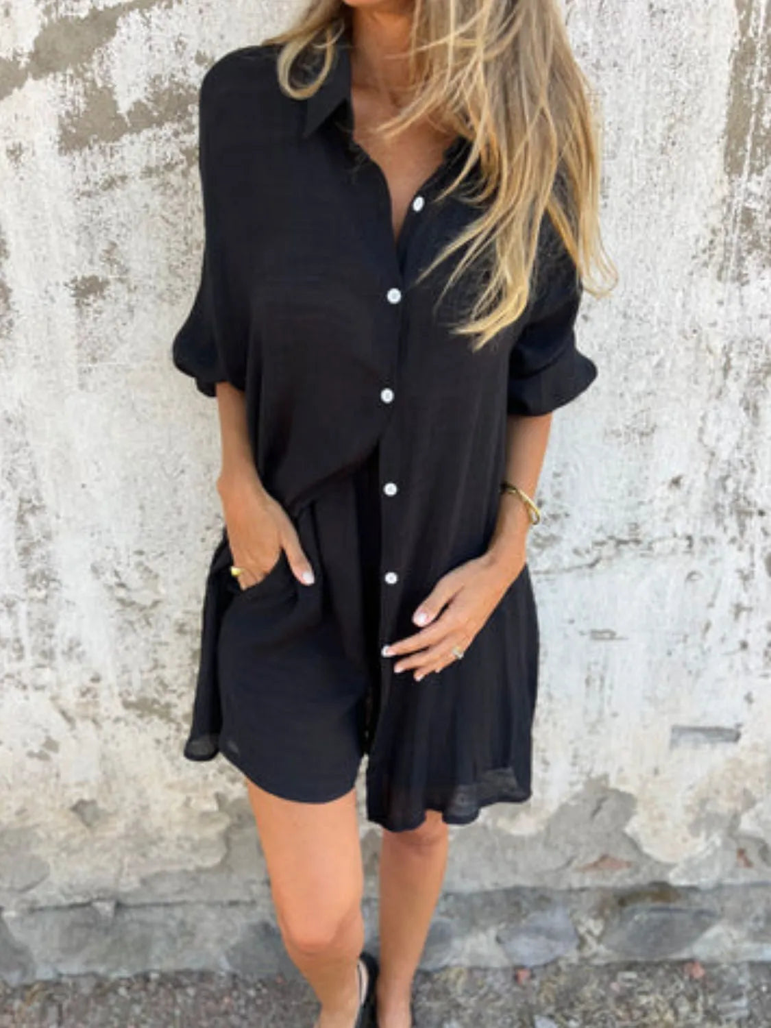 Pocketed Collared Neck Shirt and Shorts Set - Tigbul's Variety Fashion Shop