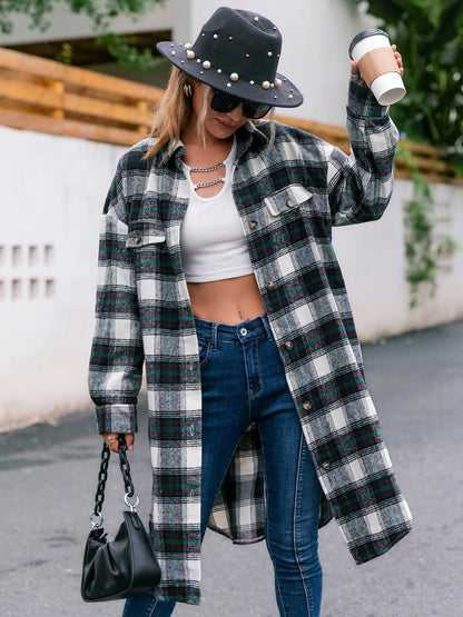 Plaid Button Up Long Sleeve Shacket - Tigbul's Variety Fashion Shop