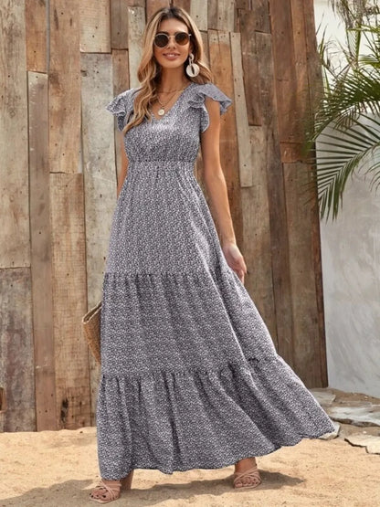Printed V-Neck Ruffled Cap Sleeve Maxi Dress - Tigbul's Variety Fashion Shop