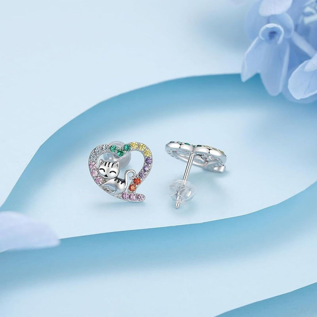 Heart-shaped zircon stud earrings with cat motif and multicolor stones in silver