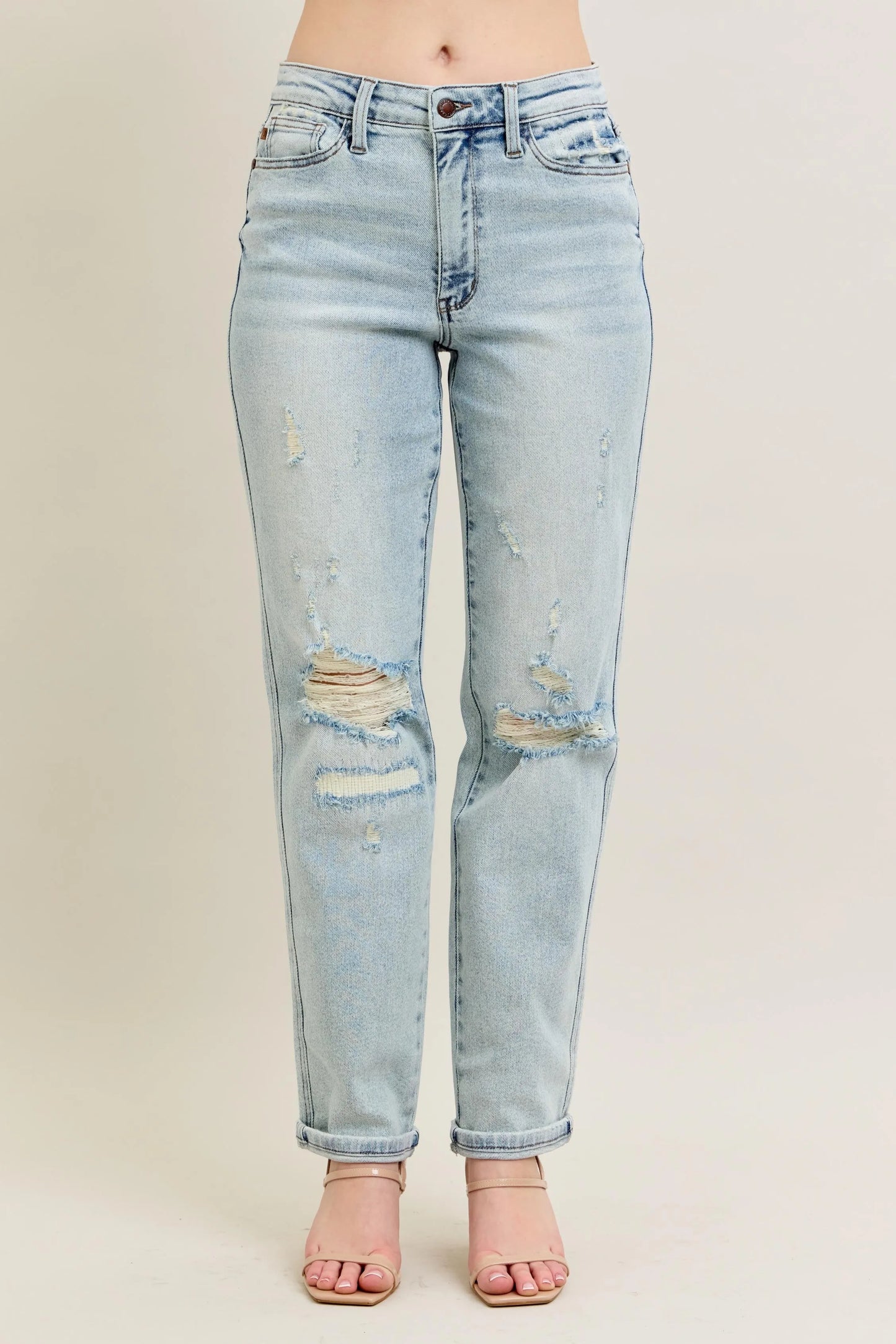 Judy Blue Full Size Mr Repair Stitch Detail Destroy Single Cuff Bf Jeans Plus Size - Tigbul's Variety Fashion Shop