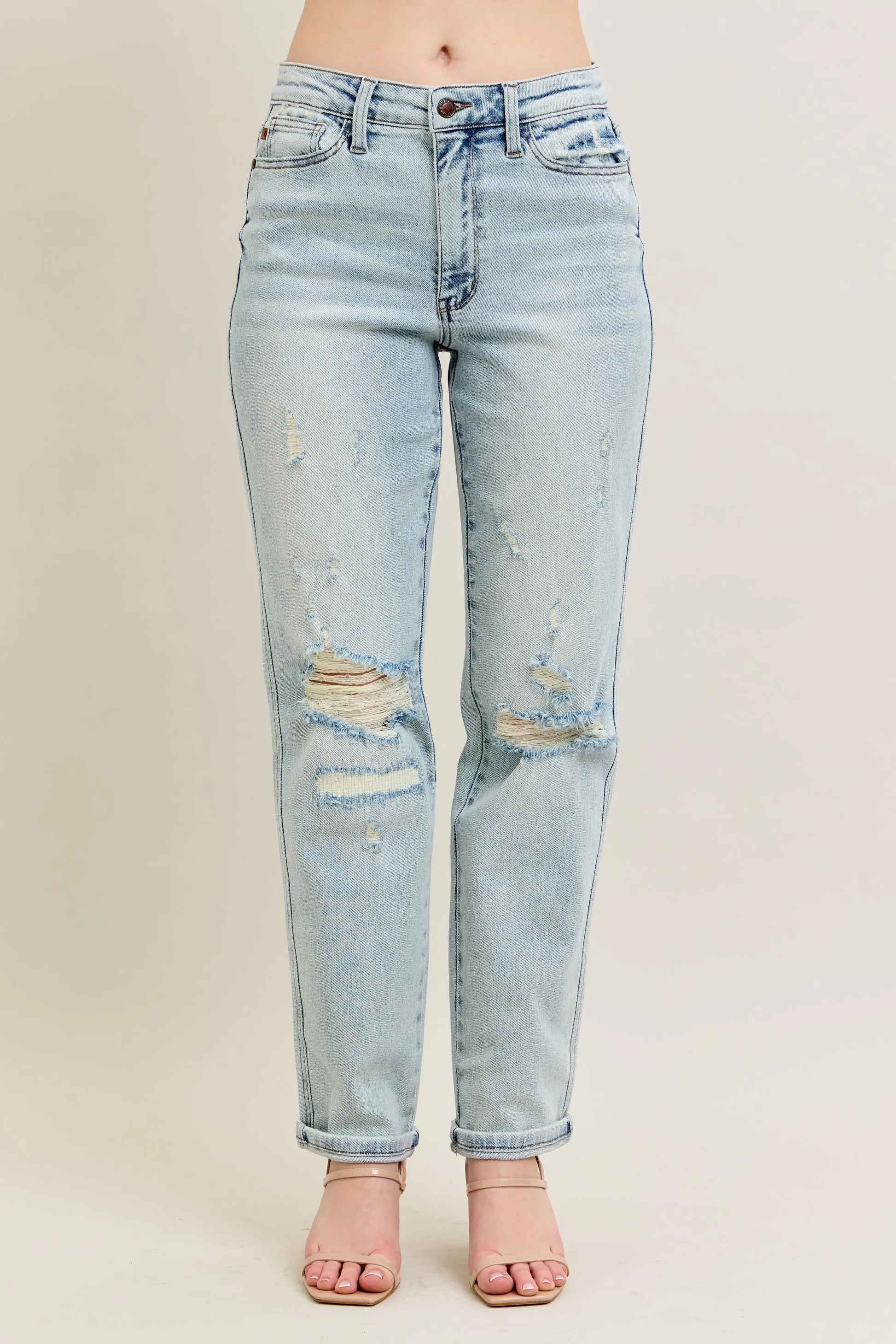 Judy Blue Full Size Mr Repair Stitch Detail Destroy Single Cuff Bf Jeans Plus Size - Tigbul's Variety Fashion Shop