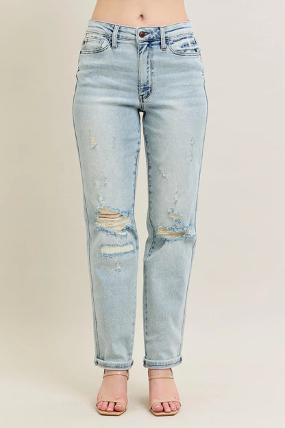 Judy Blue Full Size Mr Repair Stitch Detail Destroy Single Cuff Bf Jeans Plus Size - Tigbul's Variety Fashion Shop