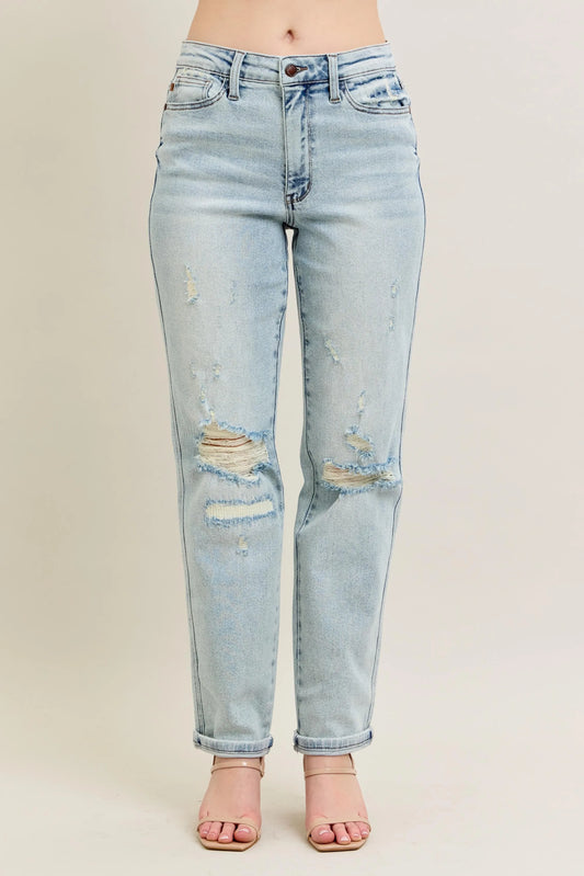 Judy Blue Full Size Mr Repair Stitch Detail Destroy Single Cuff Bf Jeans Plus Size - Tigbul's Variety Fashion Shop