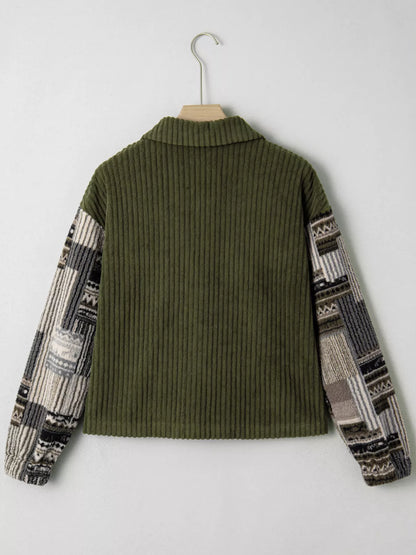 Ribbed Fleece Plaid Print Patchwork Button Up Jacket - Tigbul's Variety Fashion Shop