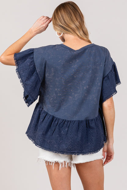 SAGE + FIG Ruffle Sleeve Washed Short Sleeve Blouse - Tigbul's Variety Fashion Shop