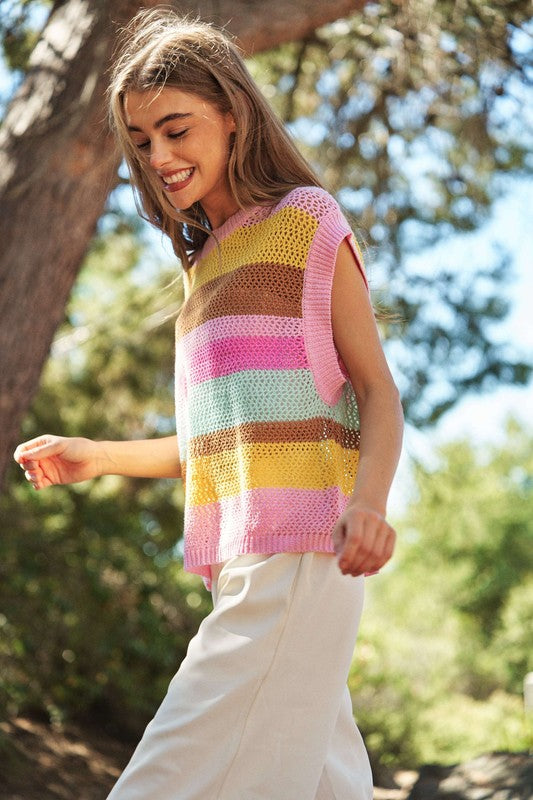 Crochet Multi Striped Pullover Knit Sweater Vest - Tigbuls Variety Fashion