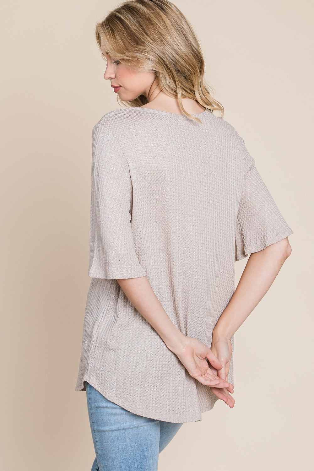 BOMBOM Round Neck Waffle Knit T-Shirt - Tigbul's Variety Fashion Shop