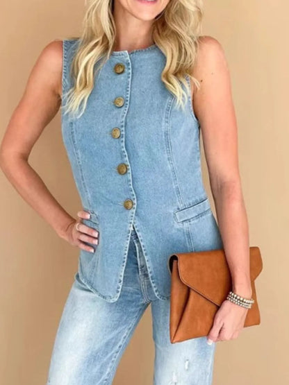 Sleeveless Button-Front Denim Vest - Tigbul's Variety Fashion Shop