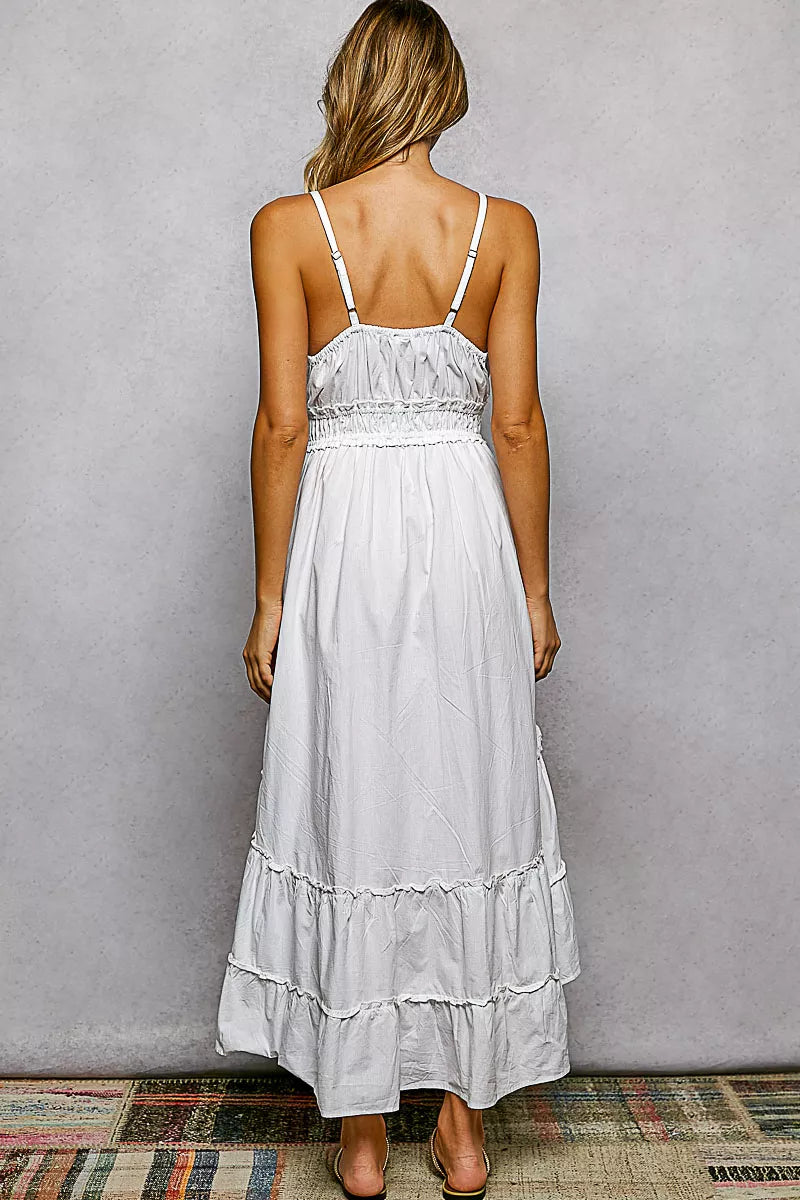 Embroidered Detail Tassel Tie Smocked Waist Midi Tiered Cami Dress | Tigbuls