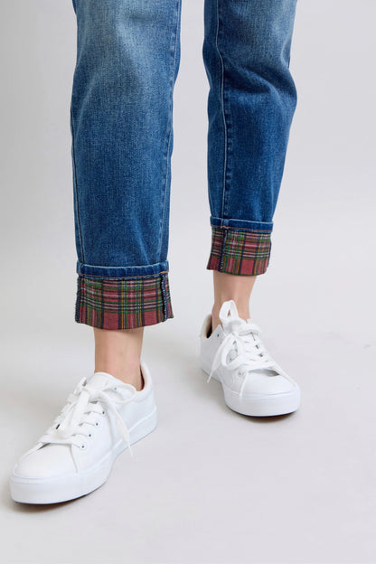 Judy Blue Full Size Mr Plaid Print Cuff Bf Jeans Plus Size - Tigbul's Variety Fashion Shop