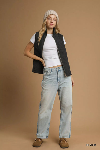 Umgee Quilted Floral Zip Up Vest with Pockets - Tigbul's Variety Fashion Shop