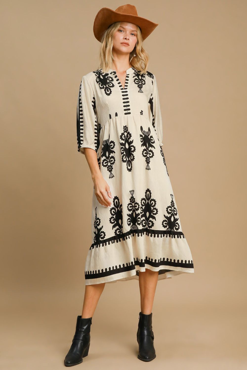 Umgee Printed Notched Midi Dress - Tigbul's Variety Fashion Shop