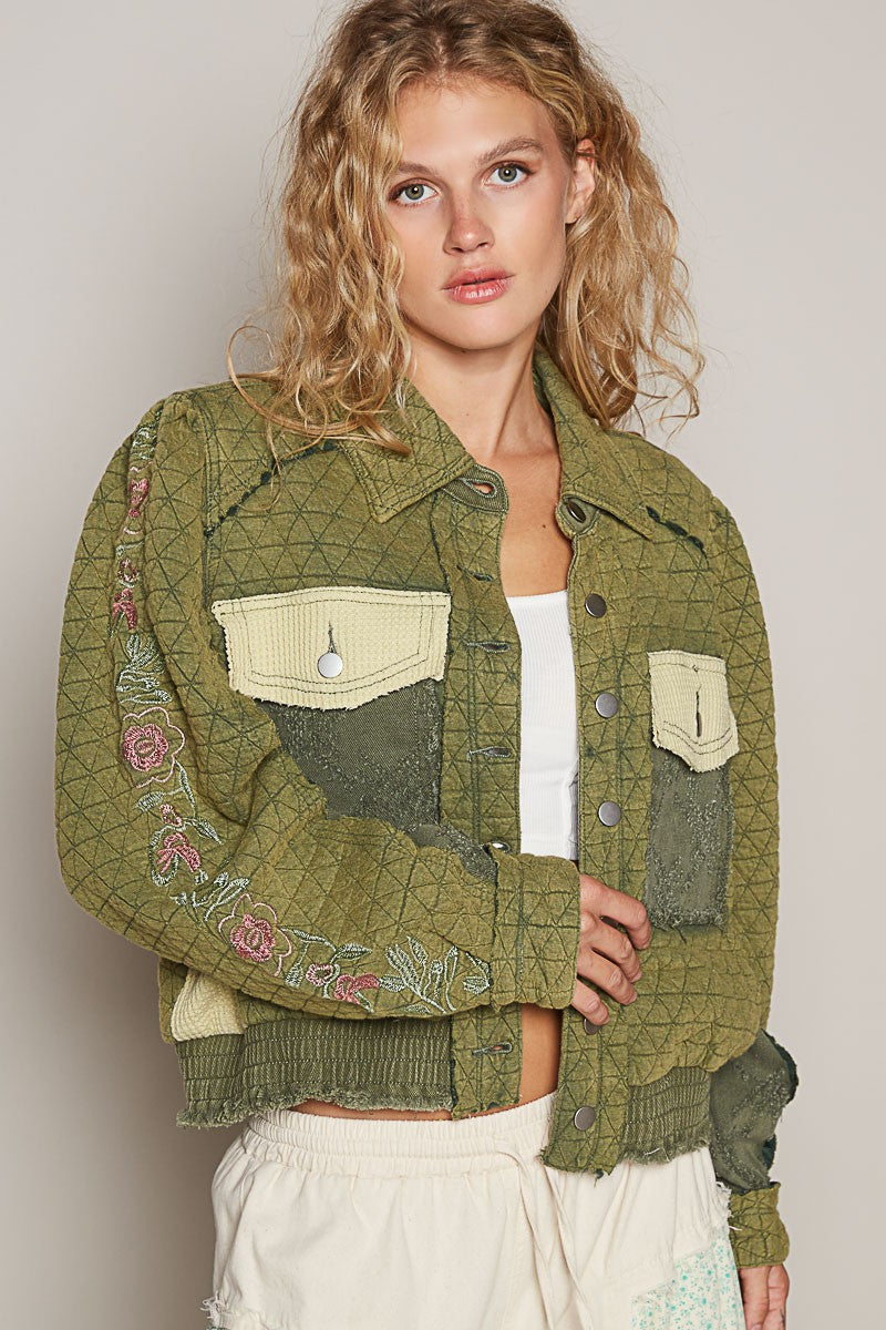 POL Embroidered Sleeve Raw Edge Quilted Jacket - Tigbul's Variety Fashion Shop