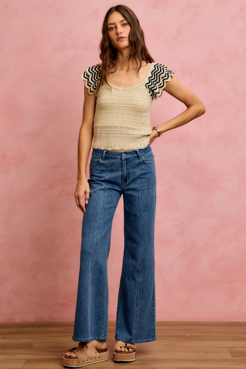 Wavy Textured Knit Top With Fluttered Sleeves - Tigbul's Variety Fashion Shop