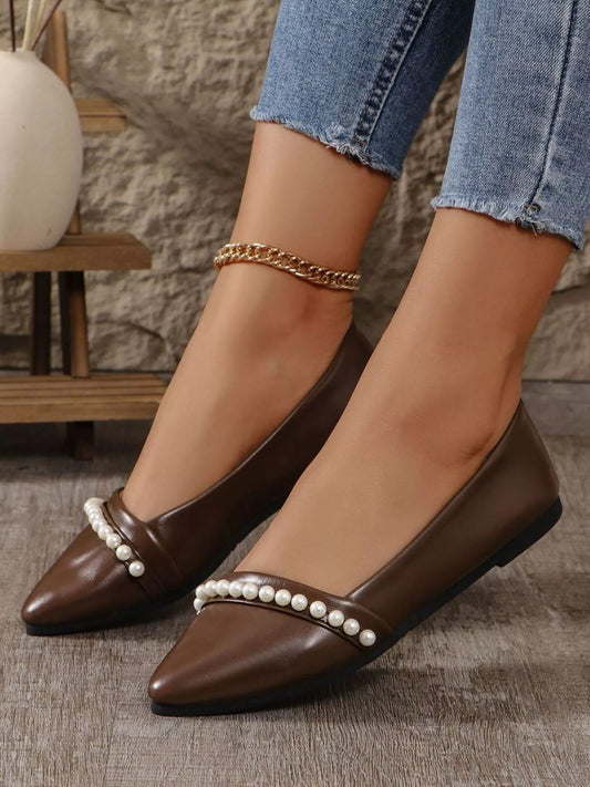Pearl Embellished Pointed Toe Loafers - Tigbul's Variety Fashion Shop
