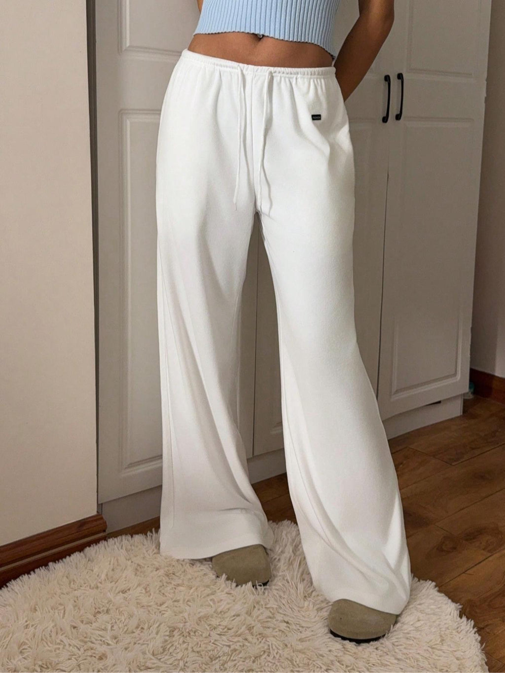White drawstring pants, relaxed fit wide-leg with elastic waistband