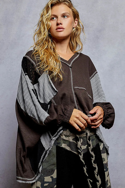 POL High-Low Hem Contrast Stitching V-Neck Top - Tigbul's Variety Fashion Shop