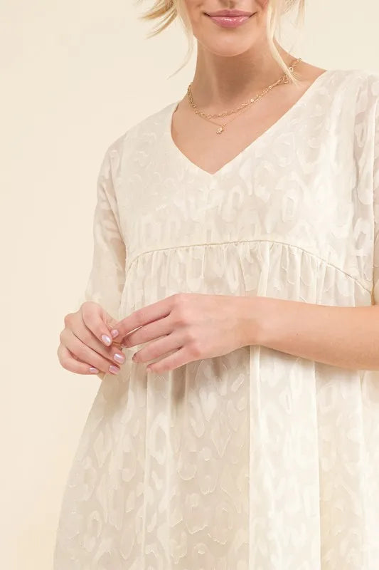 Woven Leopard Baby Doll Roll-Sleeve Casual White Dress - Tigbul's Variety Fashion Shop