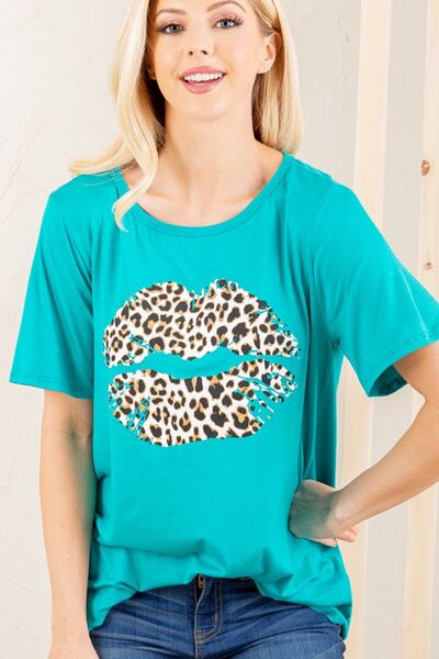 Green Leopard Lip Round Neck Short Sleeve T-Shirt Plus Size - Tigbul's Variety Fashion Shop