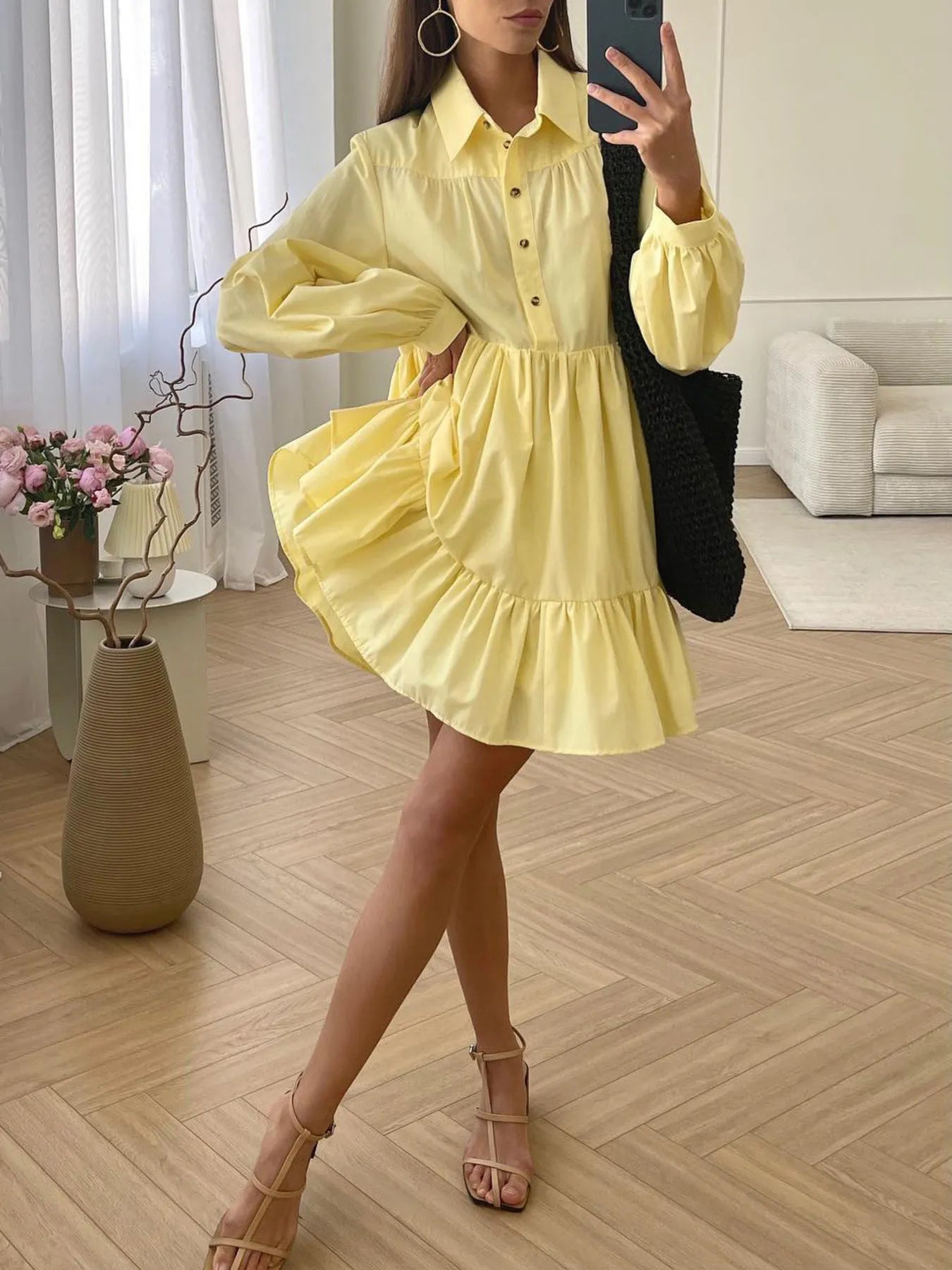Tiered Long Sleeve Shirt Dress - Tigbul's Variety Fashion Shop