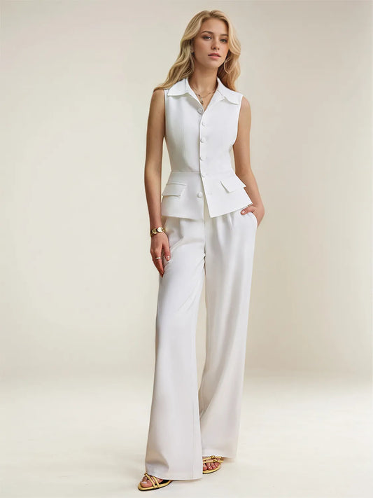 White Button Up Vest and Pants Suit Set - Tigbul's Variety Fashion Shop