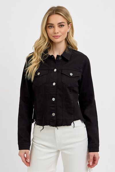 Black Irregular Fray Hem Button Up Denim Jacket Plus Size - Tigbul's Variety Fashion Shop