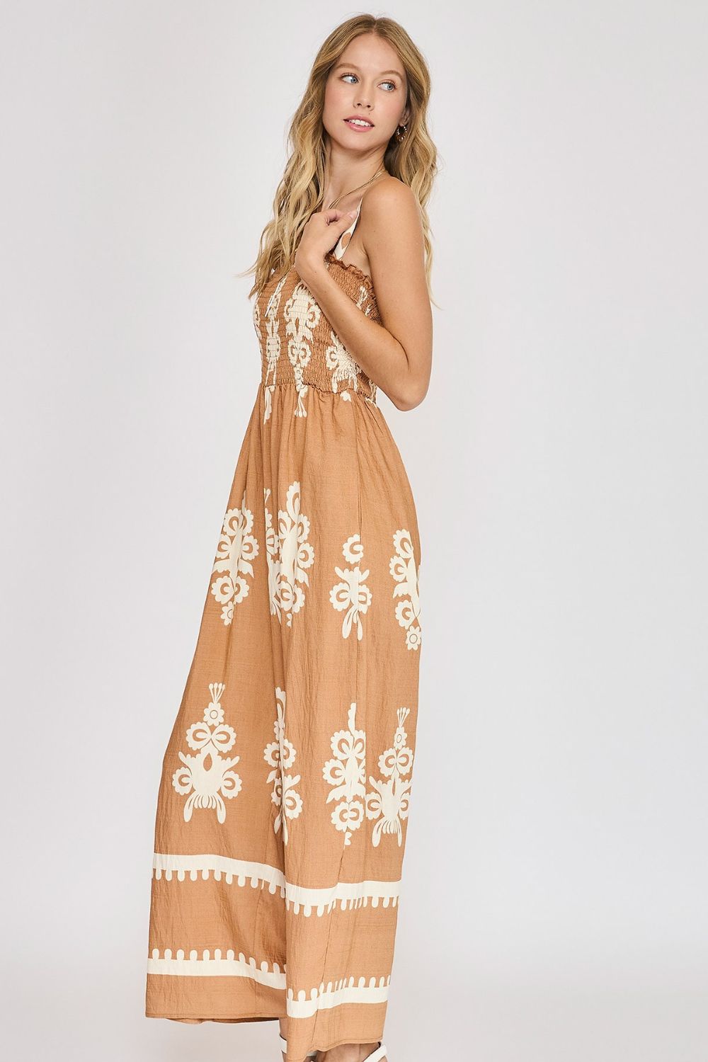 Brown Smocked Printed Wide Leg Jumpsuit Size Small - 2XL - Tigbul's Variety Fashion Shop