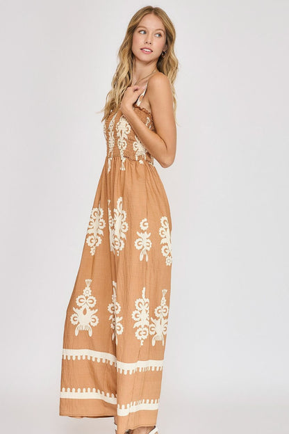 Brown Smocked Printed Wide Leg Jumpsuit Size Small - 2XL - Tigbul's Variety Fashion Shop