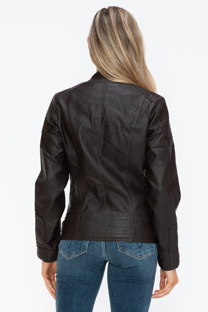 Chocolate Faux Leather Biker Jacket with Side Zip Pockets