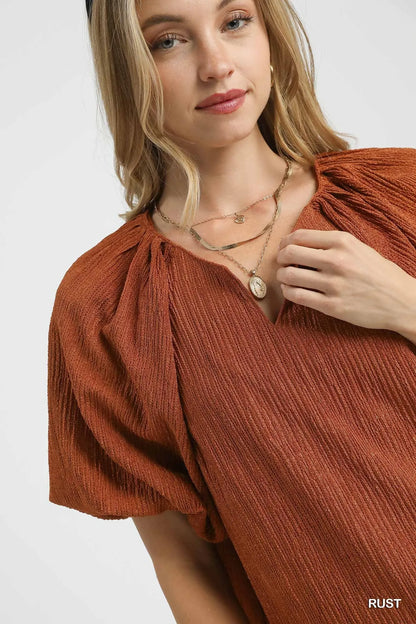 Umgee Textured Flutter Sleeve Notch Neck Top - Tigbul's Variety Fashion Shop