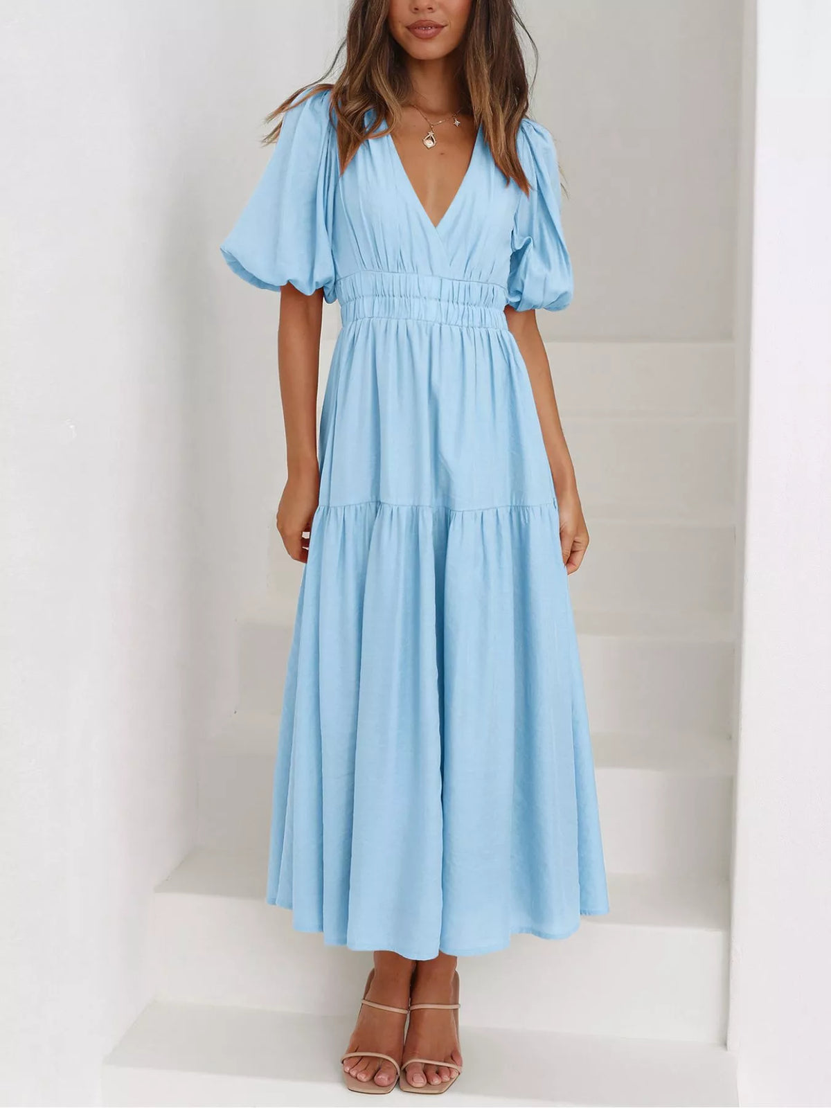Elegant Puff Sleeve V-Neck Midi Dress | Tigbuls Variety Fashion Shop