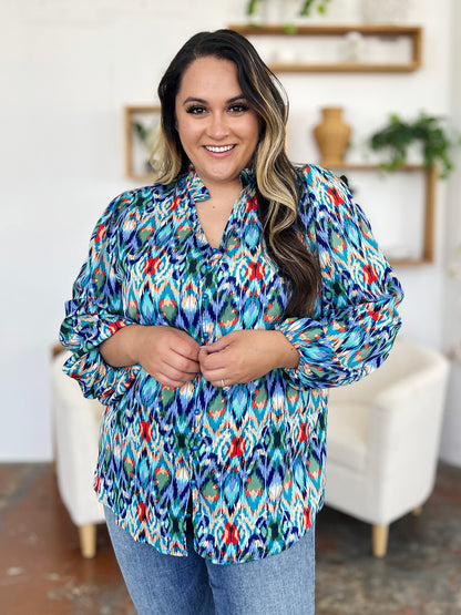 Blue Printed Balloon Sleeve Blouse Small up to 3XL - Tigbul's Variety Fashion Shop