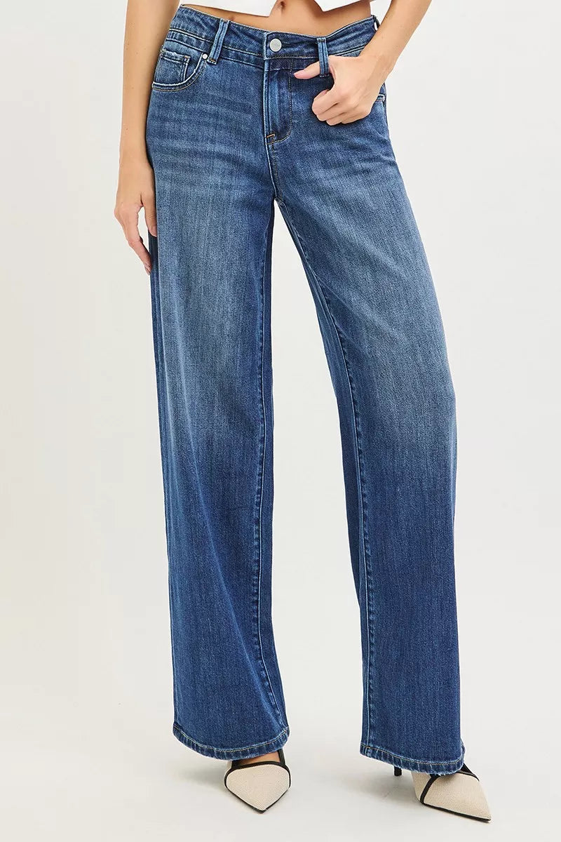 Baggy Jeans mit Taschen, Knopfverschluss, hoher Bund, seitliche Naht