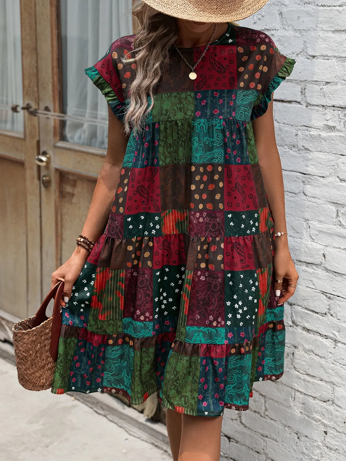 Burgundy Color Block Print Short Sleeve Mini Dress - Tigbul's Variety Fashion Shop