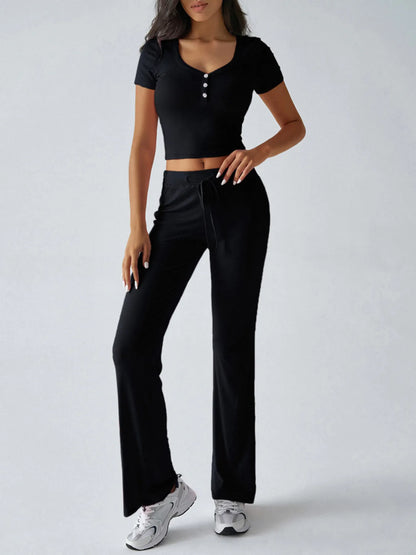Casual Ribbed Short Sleeve Top and Pants Set - Tigbul's Variety Fashion Shop