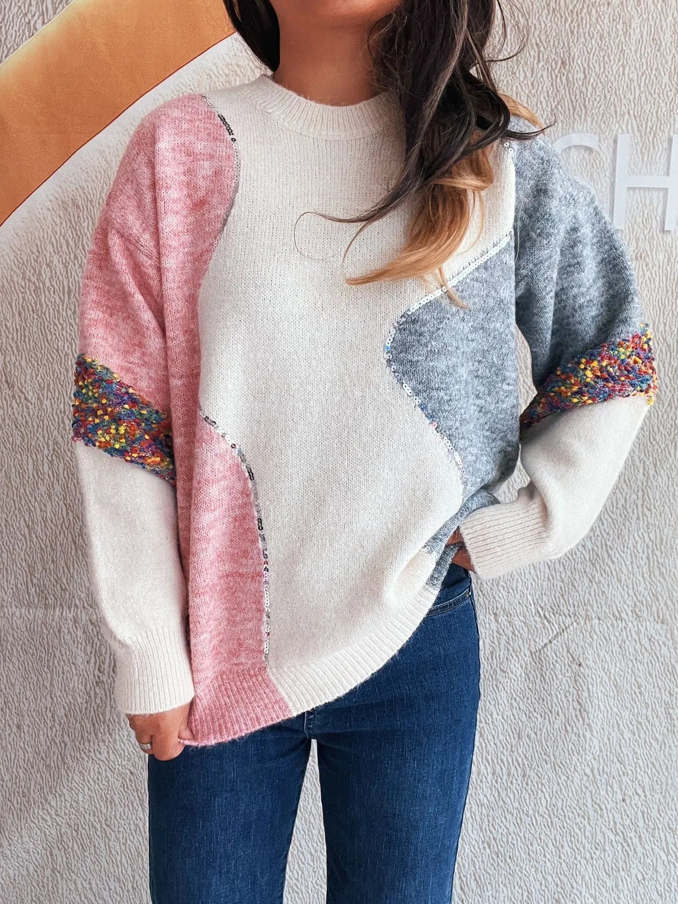 Color Block Dropped Shoulder Sweater - Tigbul's Variety Fashion Shop