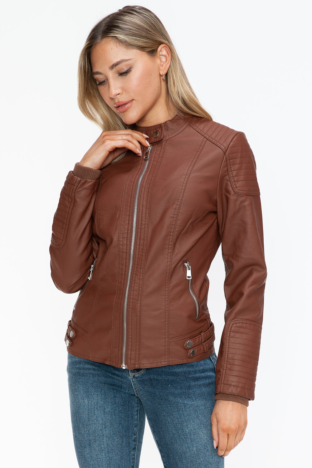 Brown Faux Leather Biker Jacket with Side Zip Pockets