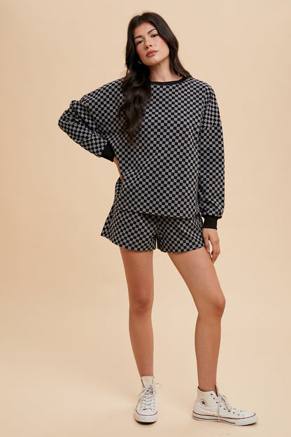 Black Checkered Round Neck Top and Drawstring Shorts Set - Tigbul's Variety Fashion Shop