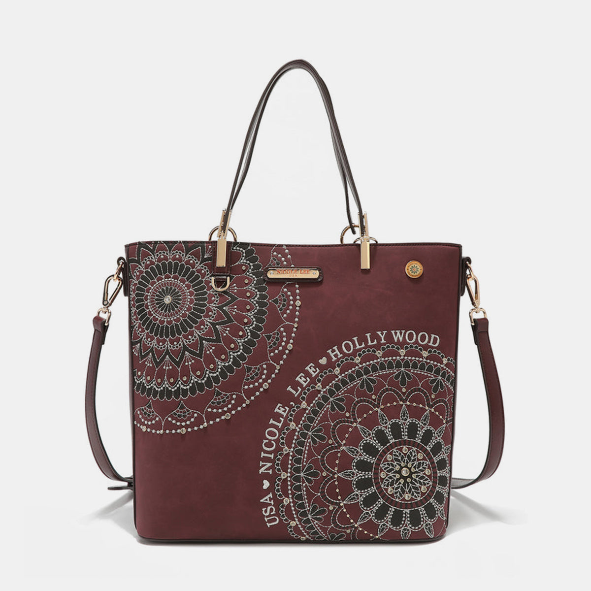 Nicole Lee USA Metallic Stitching Embroidery Inlaid Rhinestone Tote Bag - Tigbul's Variety Fashion Shop